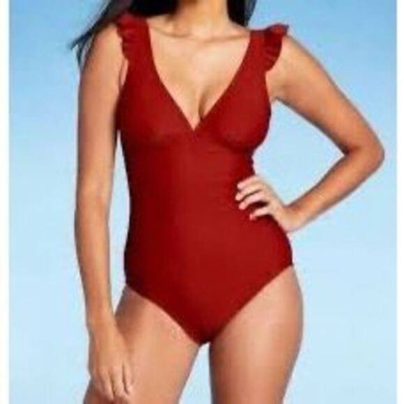Kona Sol Size M Ruffle Shoulder One Piece Swimsuit Maroon Red Plunge Neck Classy - Picture 1 of 6